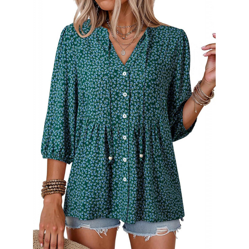 Boho Floral Button Front Babydoll Blouse - Green