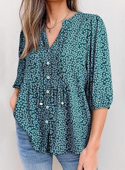 Boho Floral Button Front Babydoll Blouse - Green - 1