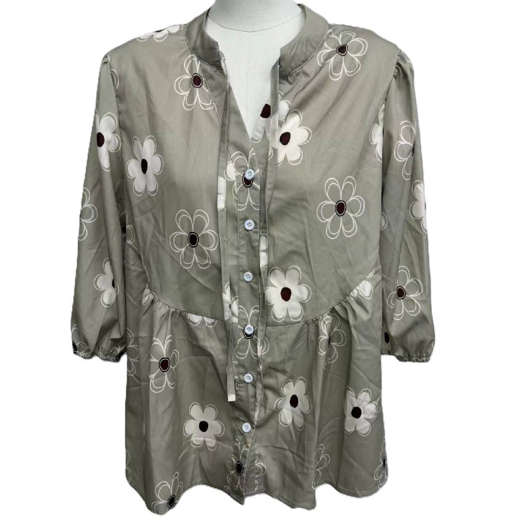 Boho Floral Button Front Babydoll Blouse - Grey