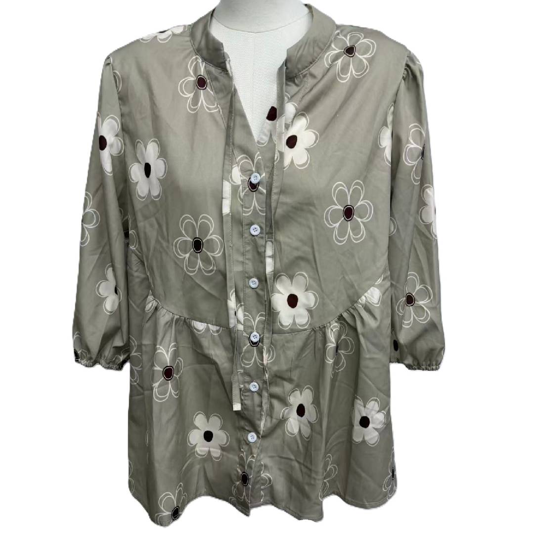 Boho Floral Button Front Babydoll Blouse - Grey