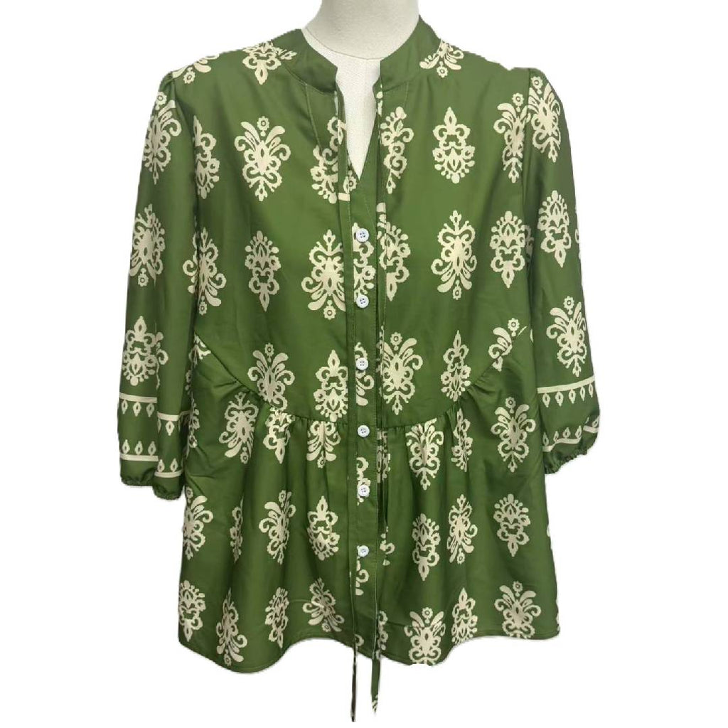 Boho Floral Button Front Babydoll Blouse - LtGreen