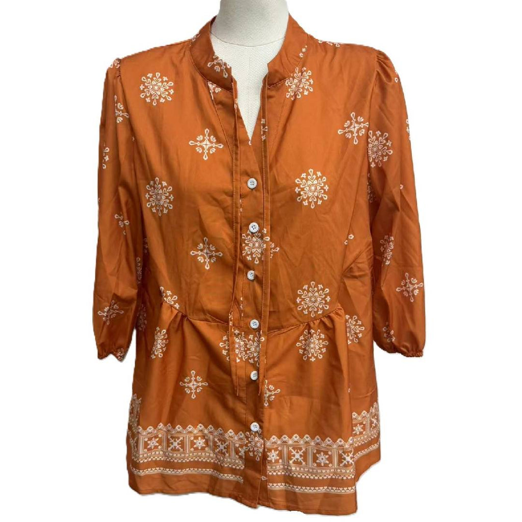 Boho Floral Button Front Babydoll Blouse - Orange