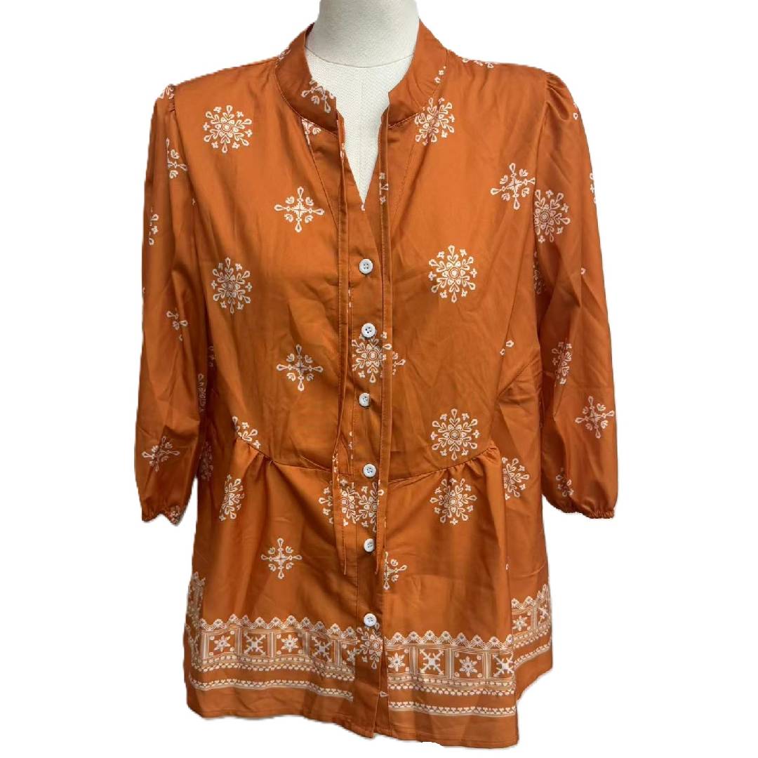 Boho Floral Button Front Babydoll Blouse - Orange