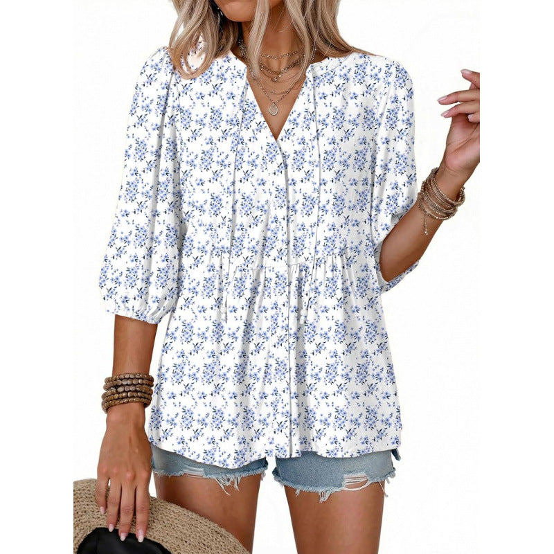 Boho Floral Button Front Babydoll Blouse - SkyBlue