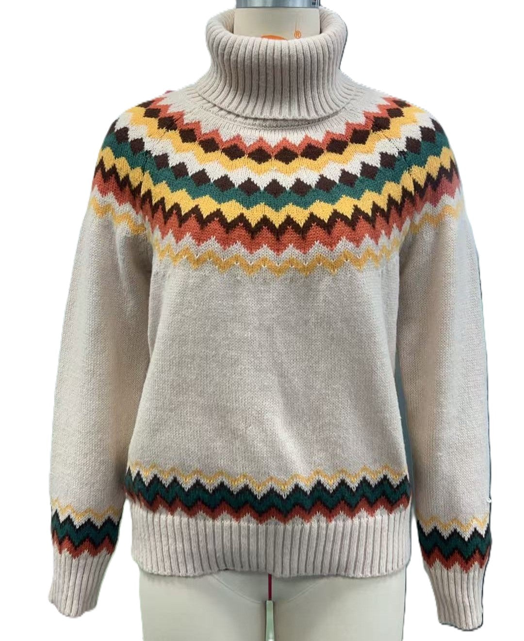 Fair Isle Turtleneck Knit Sweater - Apricot