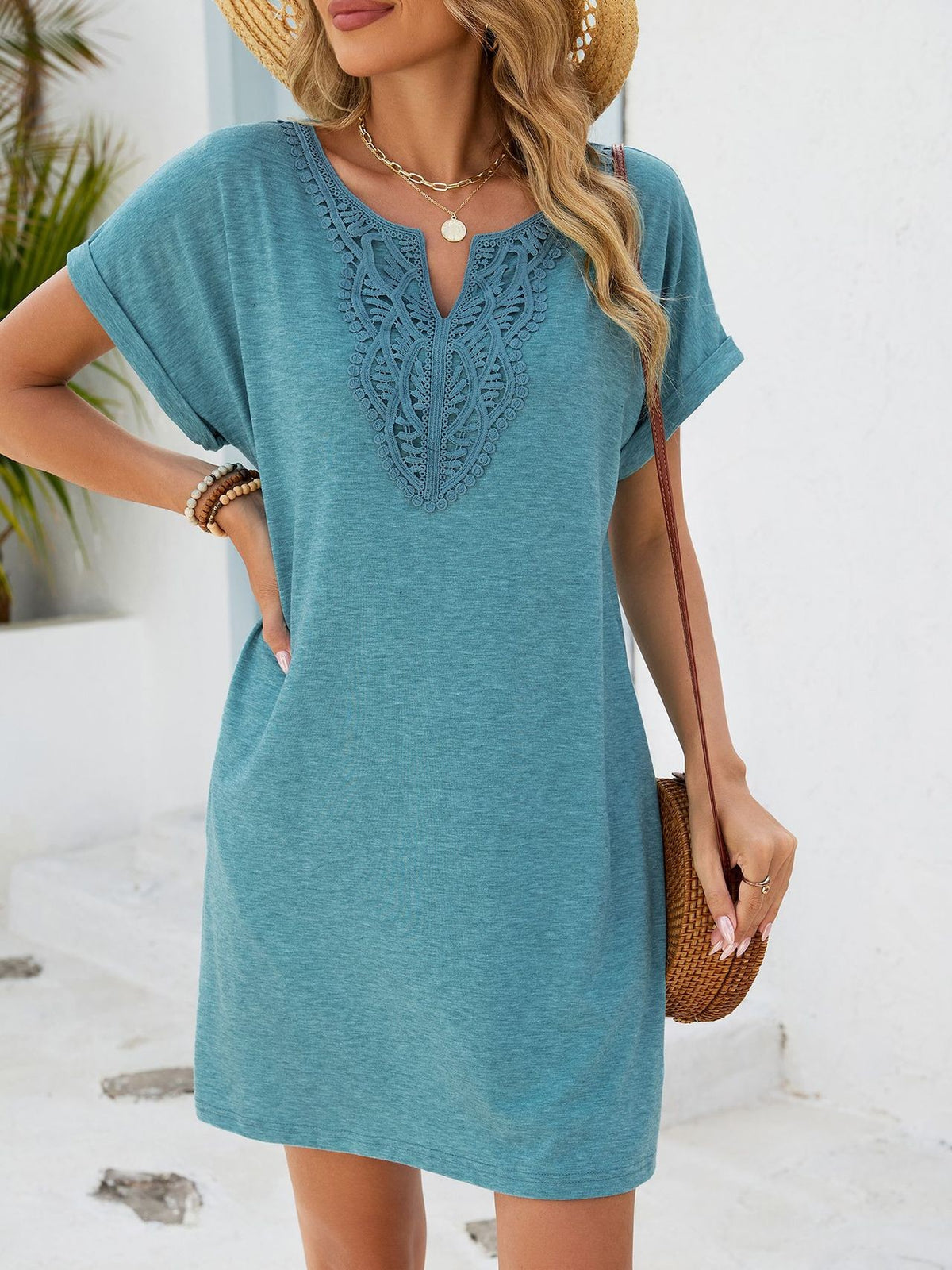 Lace Trim Short Sleeve Pocket Tee Dress - Lakeblue