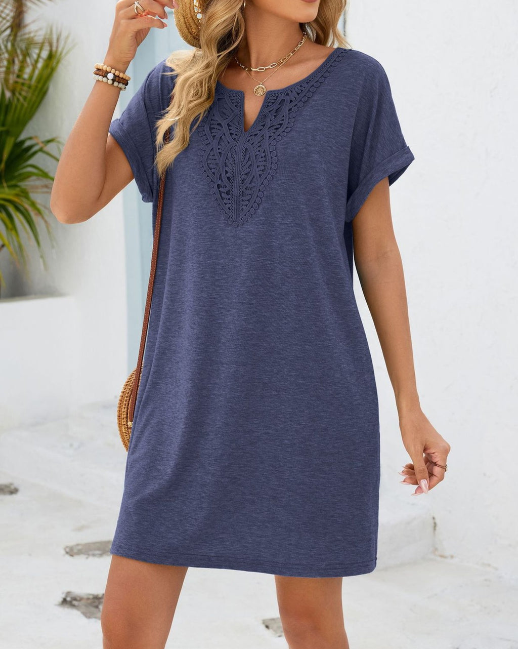 Lace Trim Short Sleeve Pocket Tee Dress - Navyblue