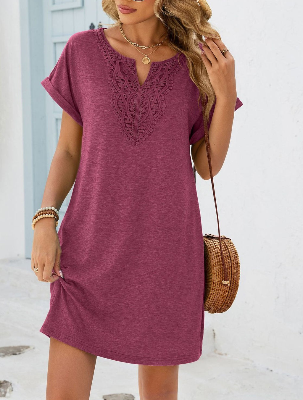 Lace Trim Short Sleeve Pocket Tee Dress - Winered