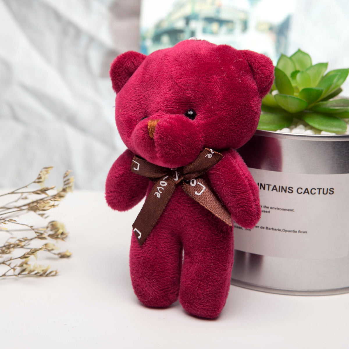 Mini Plush Teddy Bear Bag Charm Keychain - WineRed