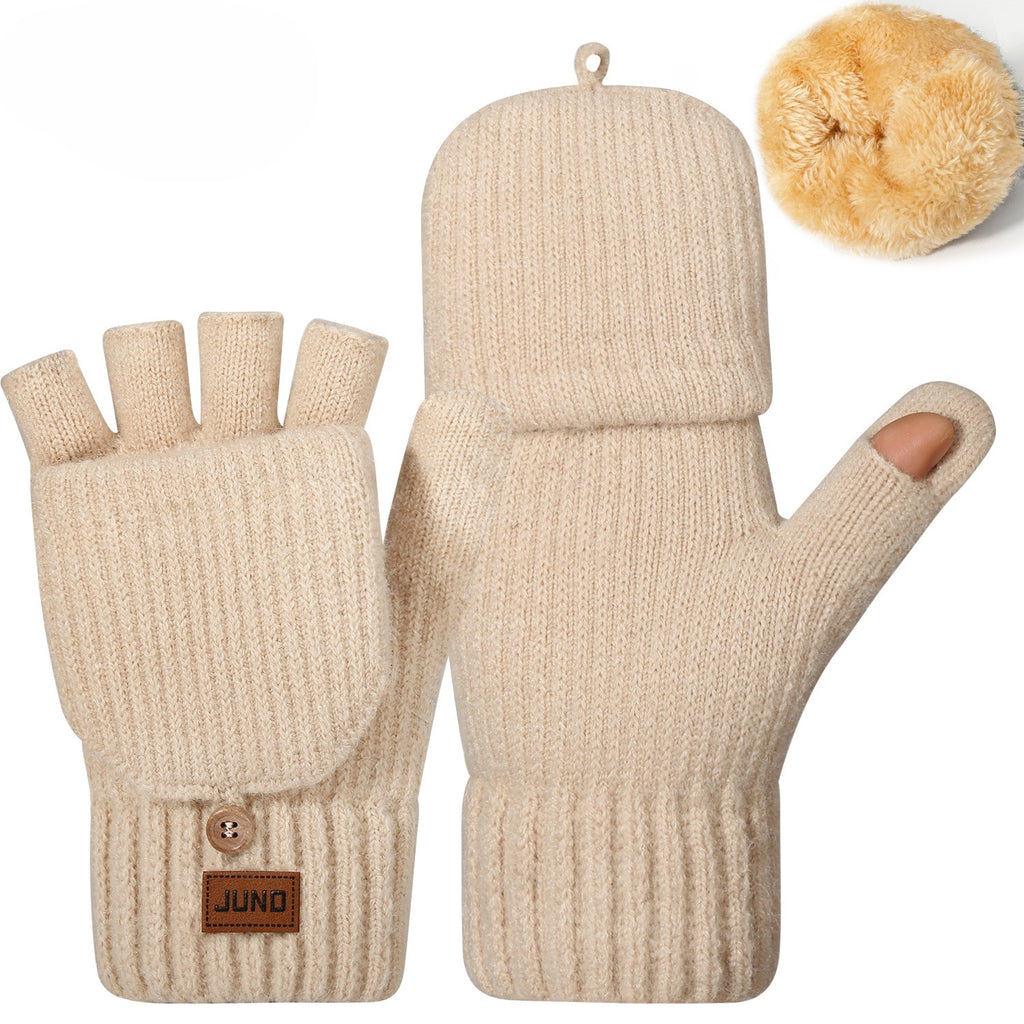 Convertible Flip Top Fingerless Knit Gloves - Beige