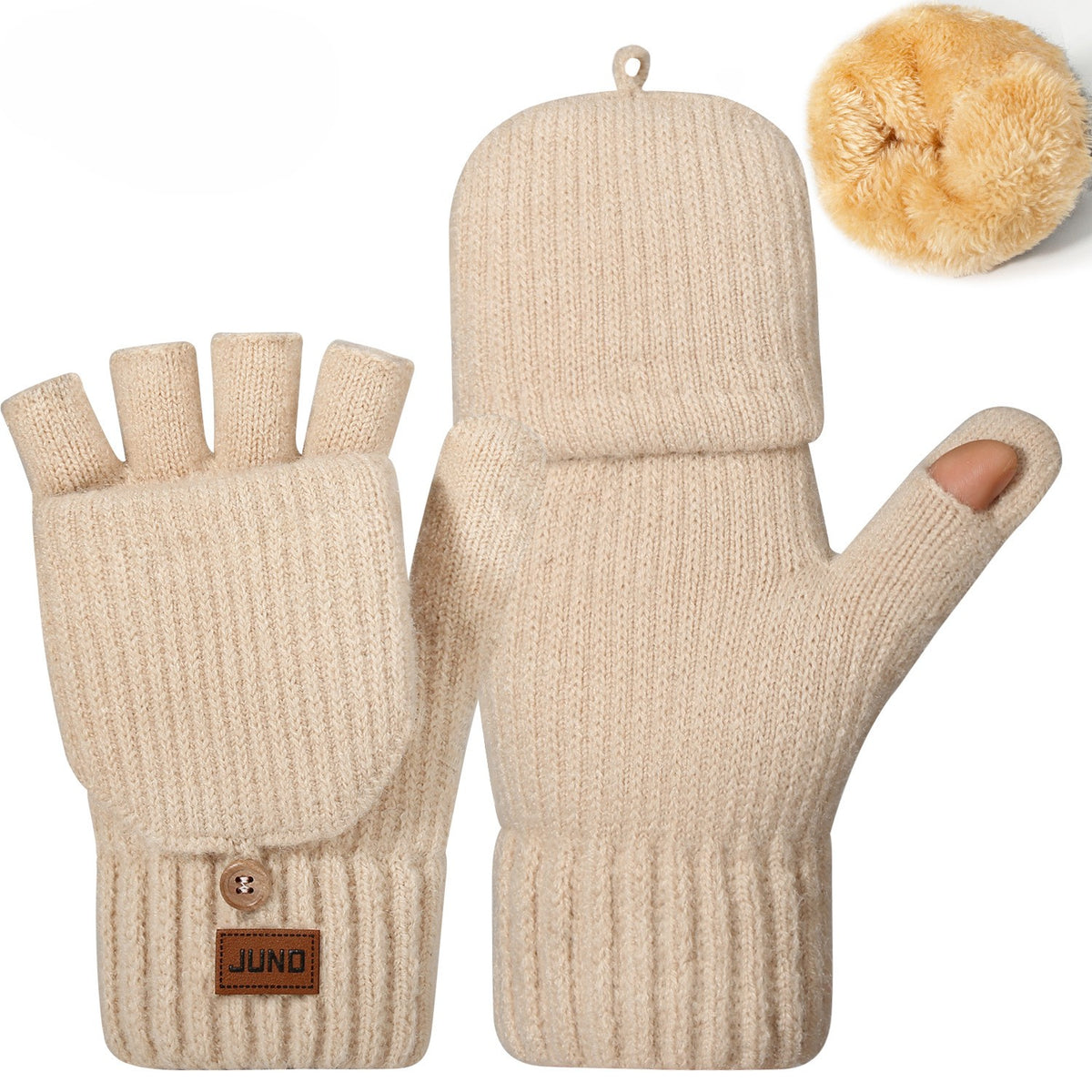Convertible Flip Top Fingerless Knit Gloves - Beige