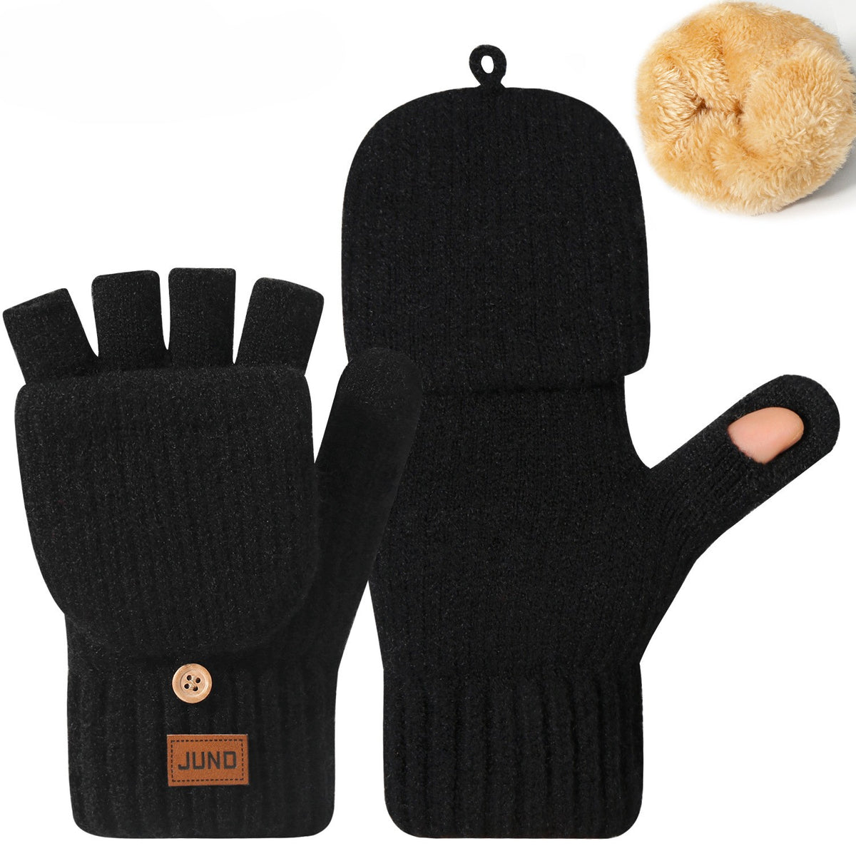 Convertible Flip Top Fingerless Knit Gloves - Black