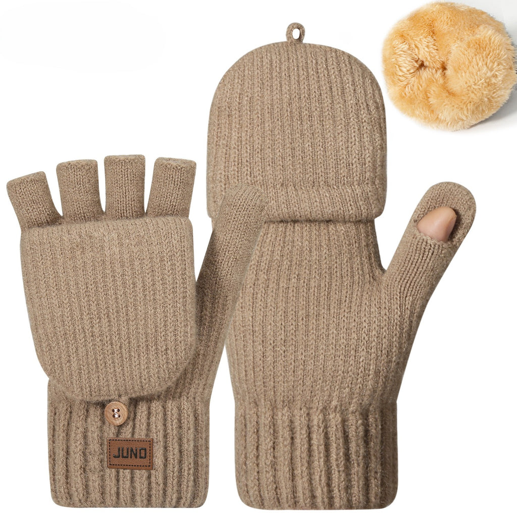 Convertible Flip Top Fingerless Knit Gloves - Khaki