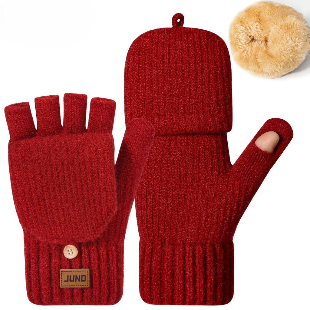 Convertible Flip Top Fingerless Knit Gloves - Red