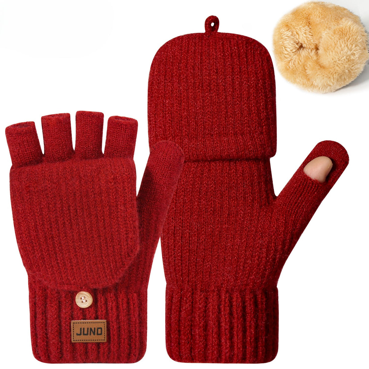 Convertible Flip Top Fingerless Knit Gloves - Red