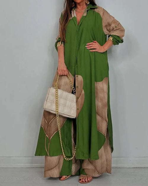Abstract Colorblock Maxi Shirt And Trouser Set - Green