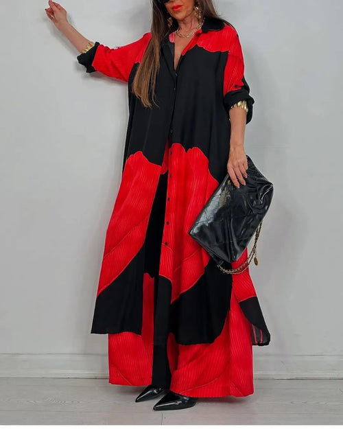 Abstract Colorblock Maxi Shirt And Trouser Set - Red
