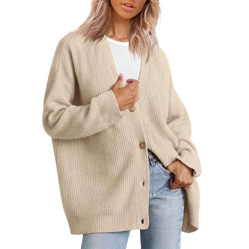 Oversized Button Front Ribbed Knit Sweater - Apricot