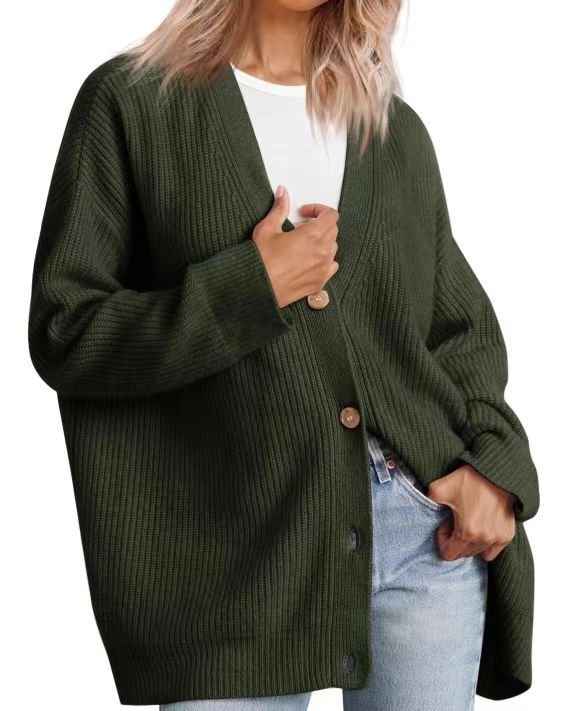 Oversized Button Front Ribbed Knit Sweater - ArmyGreen