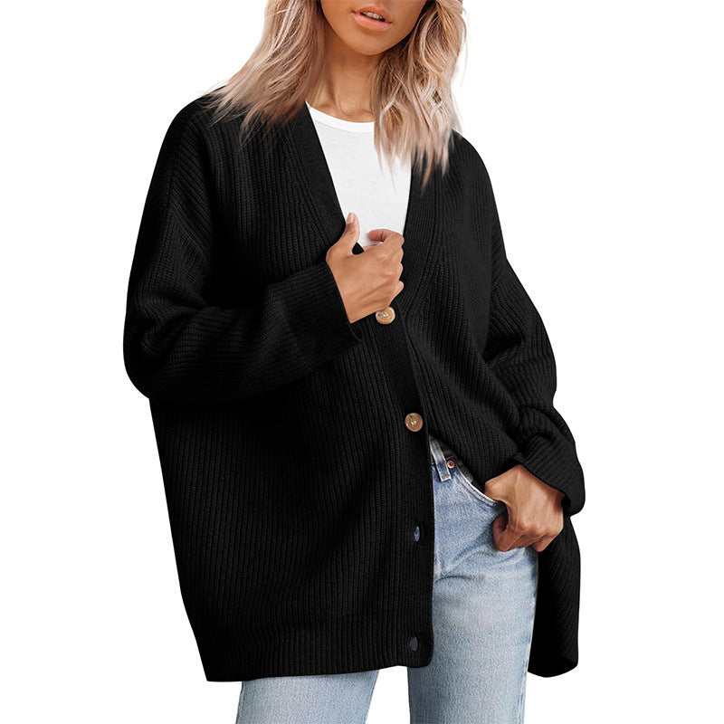 Oversized Button Front Ribbed Knit Sweater - Black