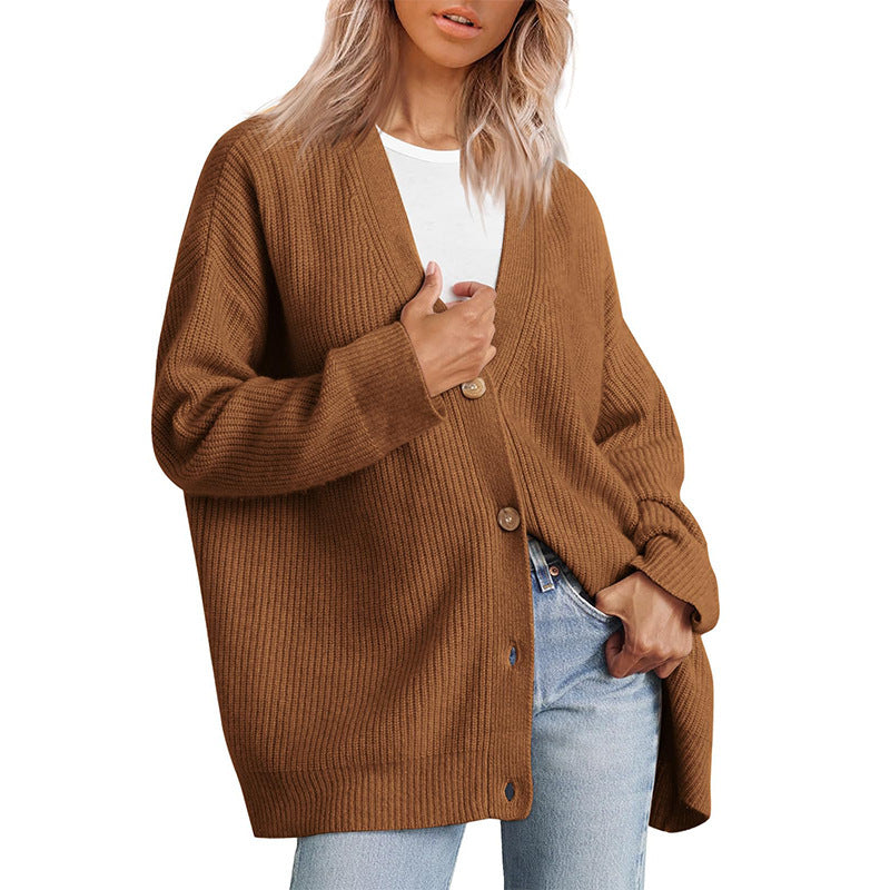 Oversized Button Front Ribbed Knit Sweater - Brown