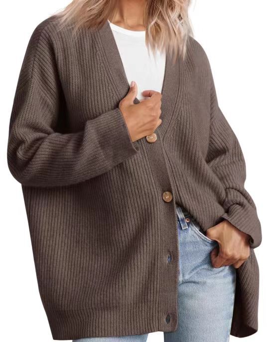 Oversized Button Front Ribbed Knit Sweater - Coffee