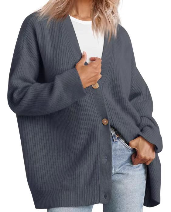 Oversized Button Front Ribbed Knit Sweater - DarkGrey