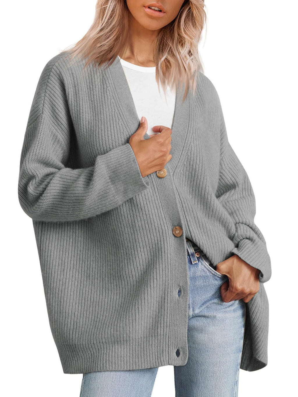 Oversized Button Front Ribbed Knit Sweater - Grey