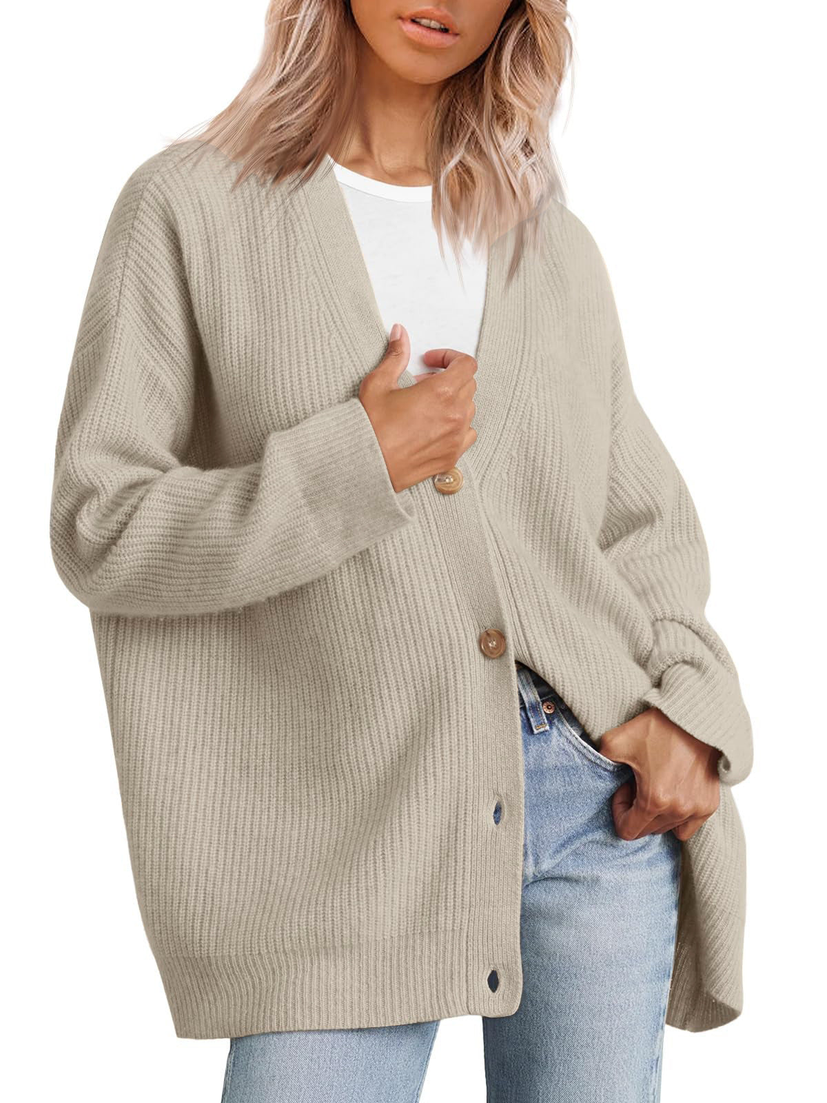 Oversized Button Front Ribbed Knit Sweater - LightGray