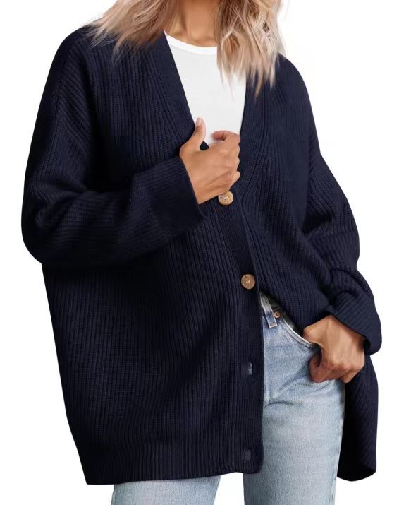 Oversized Button Front Ribbed Knit Sweater - Navy