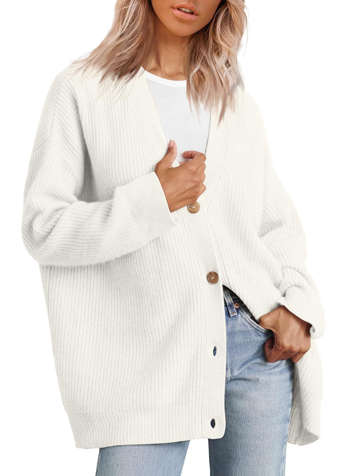 Oversized Button Front Ribbed Knit Sweater - White