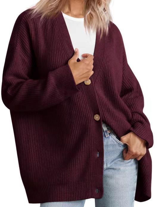 Oversized Button Front Ribbed Knit Sweater - WineRed