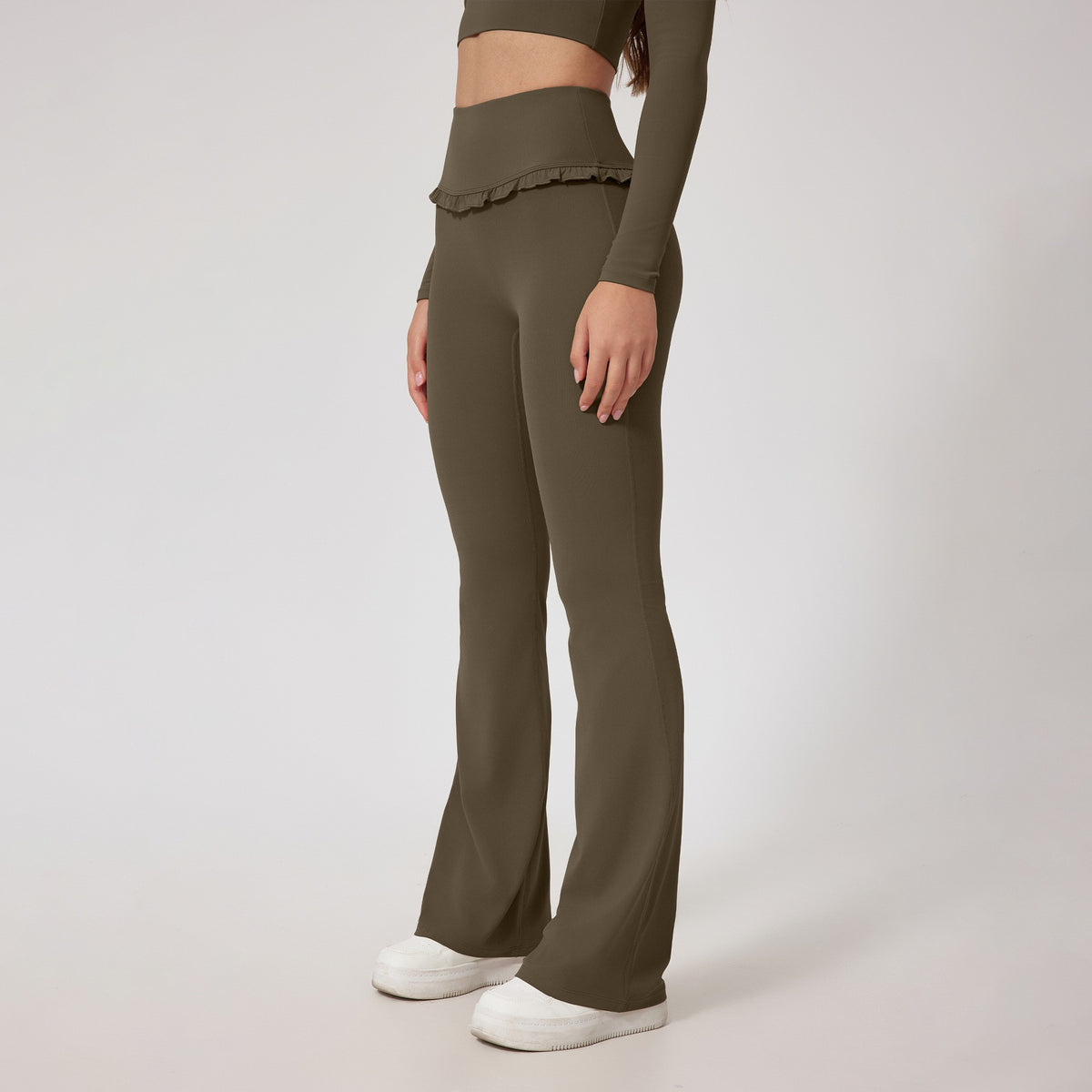 Ruffle Waist High Rise Flare Yoga Pants - Dark Olive