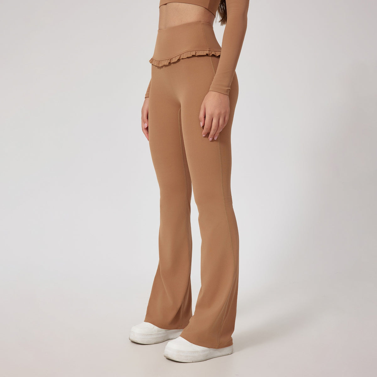 Ruffle Waist High Rise Flare Yoga Pants - Desert Brown