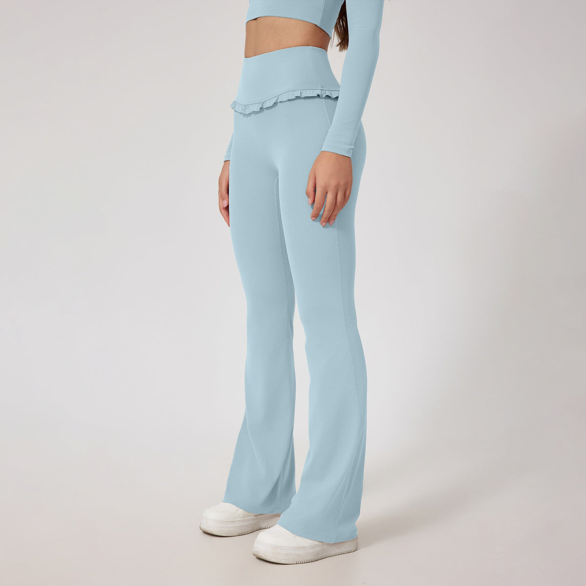 Ruffle Waist High Rise Flare Yoga Pants - Pale Blue
