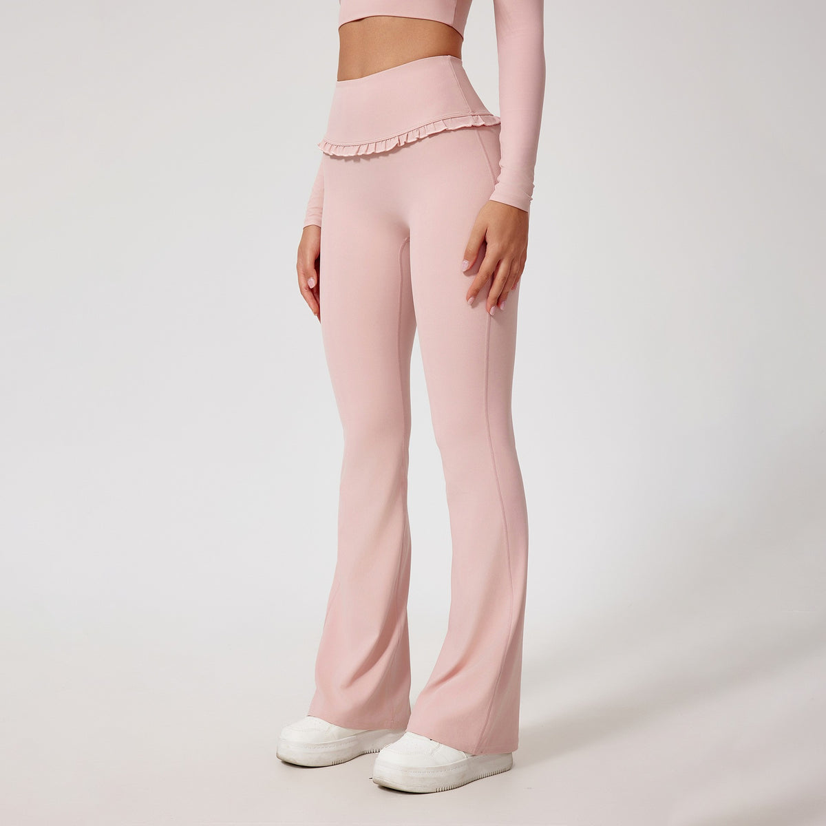 Ruffle Waist High Rise Flare Yoga Pants - Shell Pink