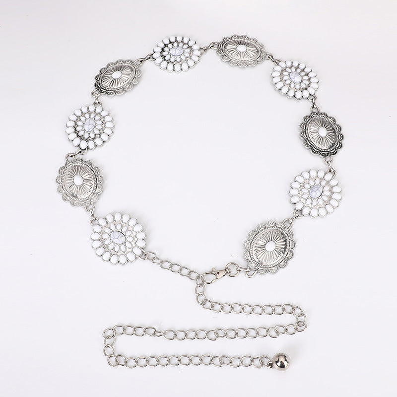 Floral Concho Stone Boho Waist Chain - Silvery