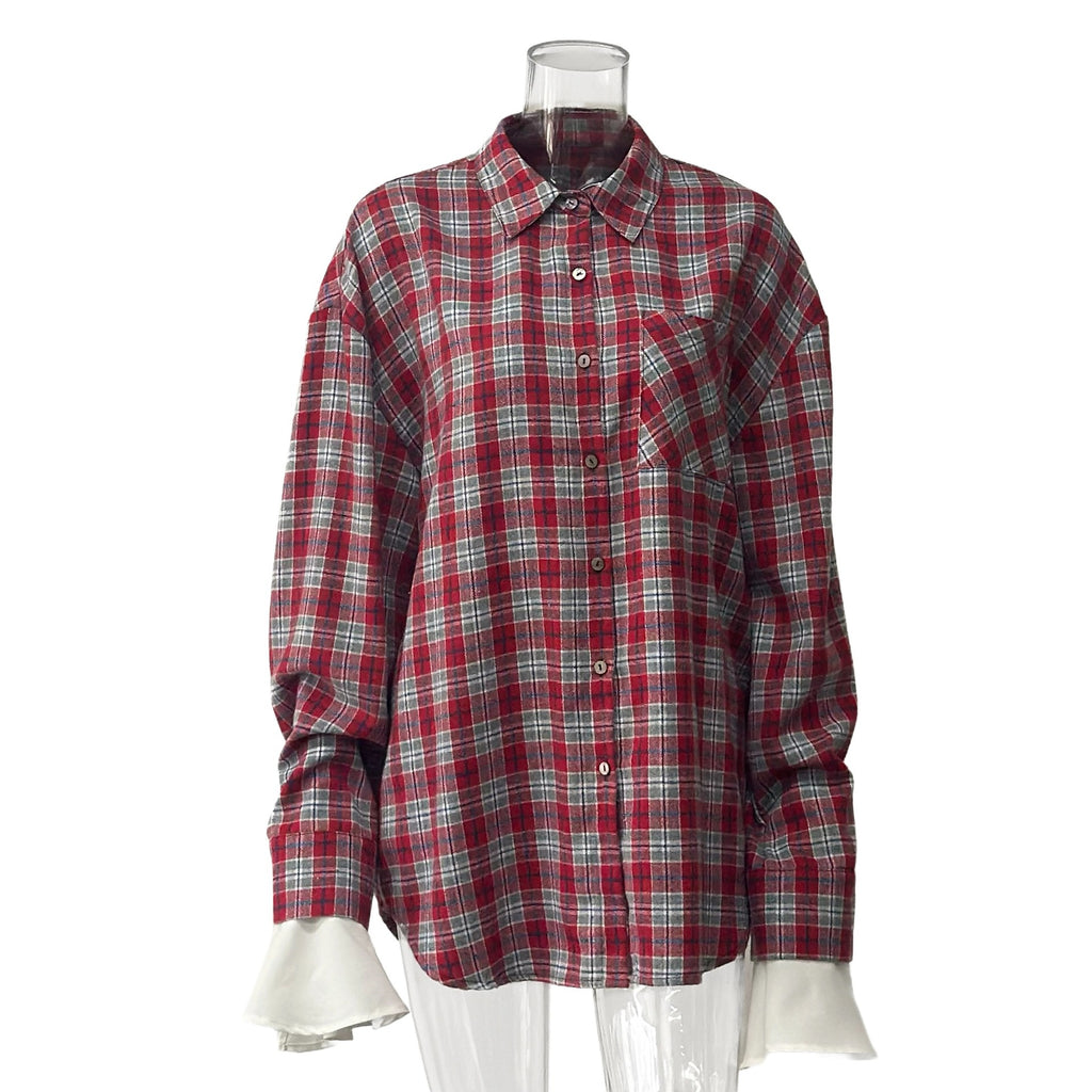 Oversized Plaid Shirt With Contrast Cuffs - Red