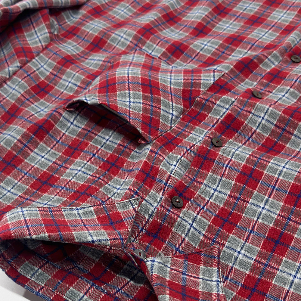 Oversized Plaid Shirt With Contrast Cuffs - Red - 2