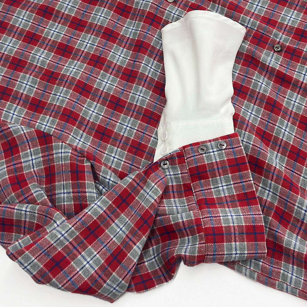 Oversized Plaid Shirt With Contrast Cuffs - Red - 3
