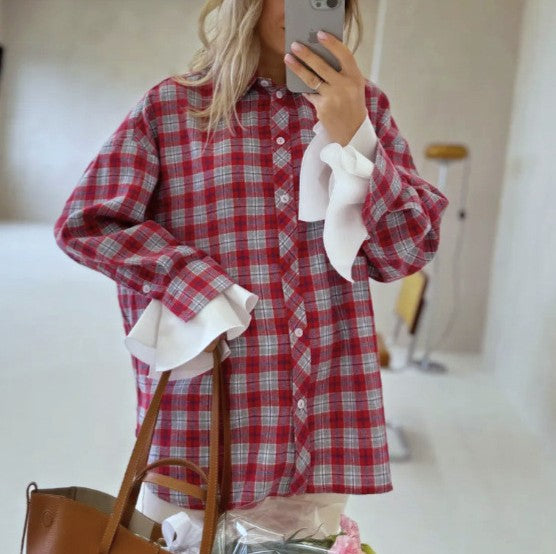 Oversized Plaid Shirt With Contrast Cuffs - Red - 4