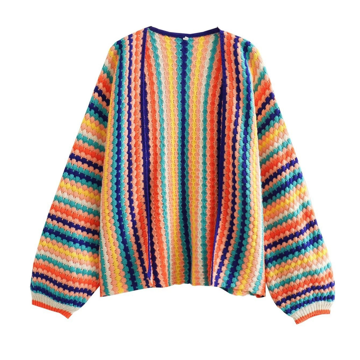 Rainbow Stripe Textured Knit Open Cardigan - Colored