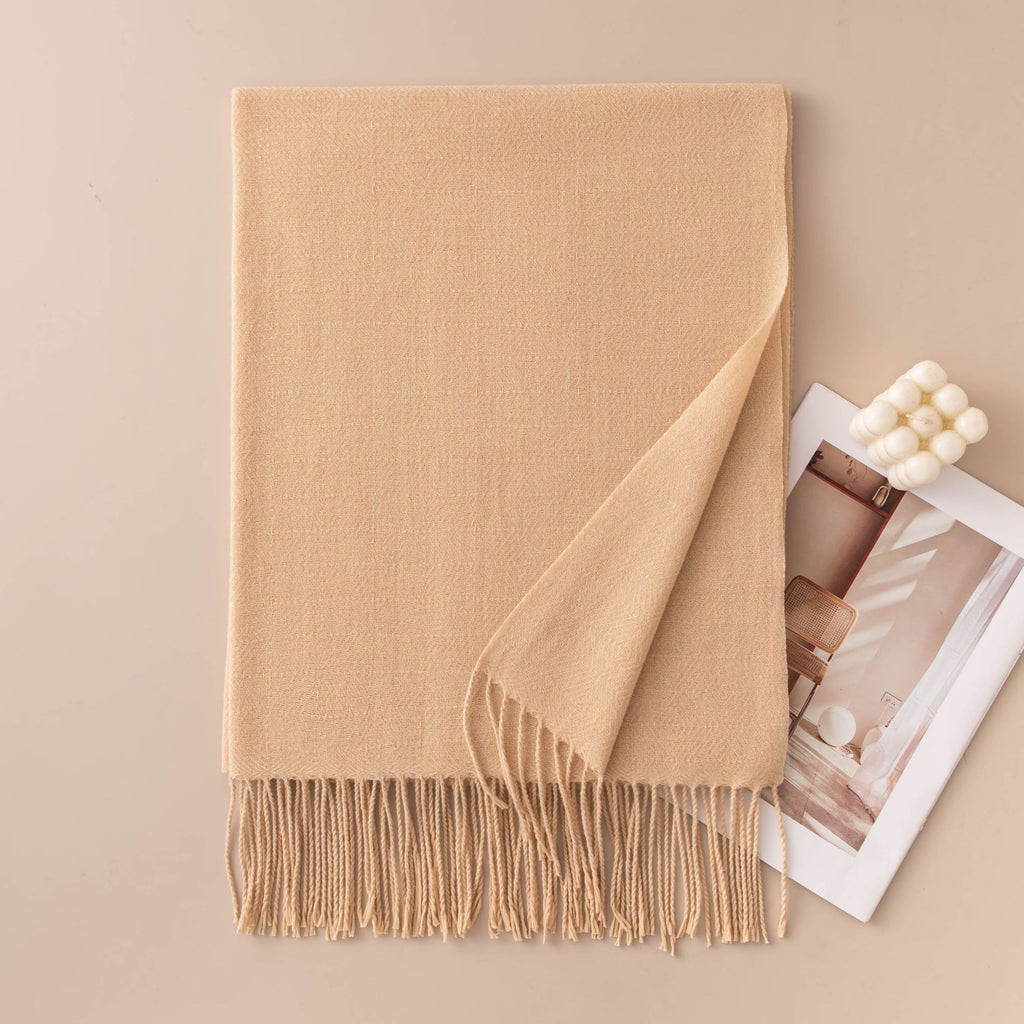 Soft Solid Fringe Trim Long Wrap Scarf - Beige