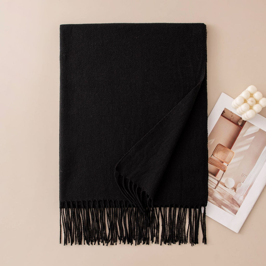 Soft Solid Fringe Trim Long Wrap Scarf - Black