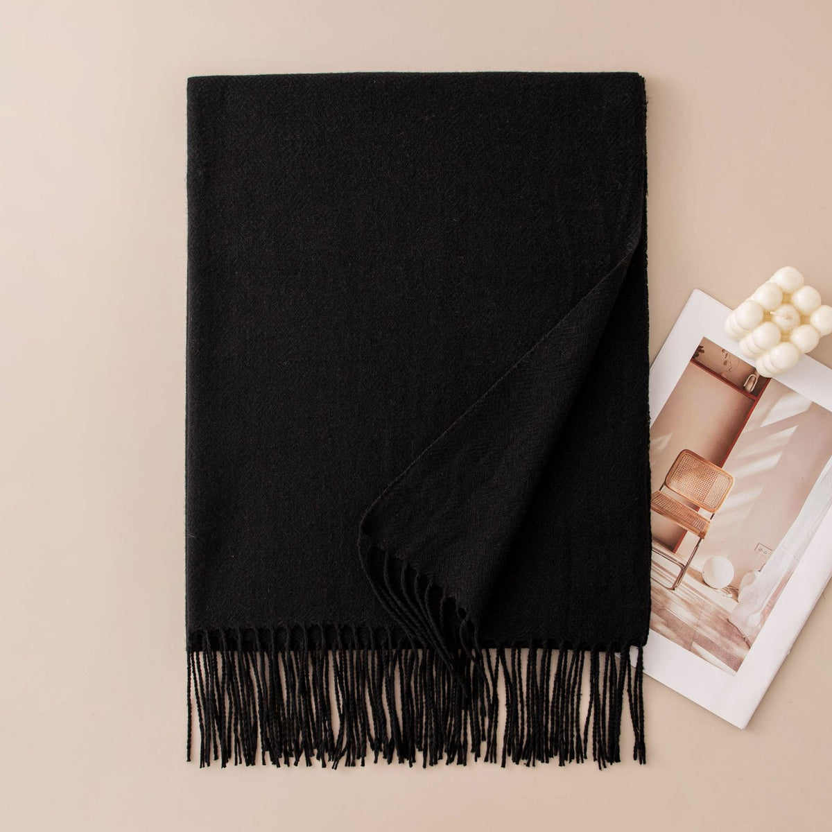 Soft Solid Fringe Trim Long Wrap Scarf - Black