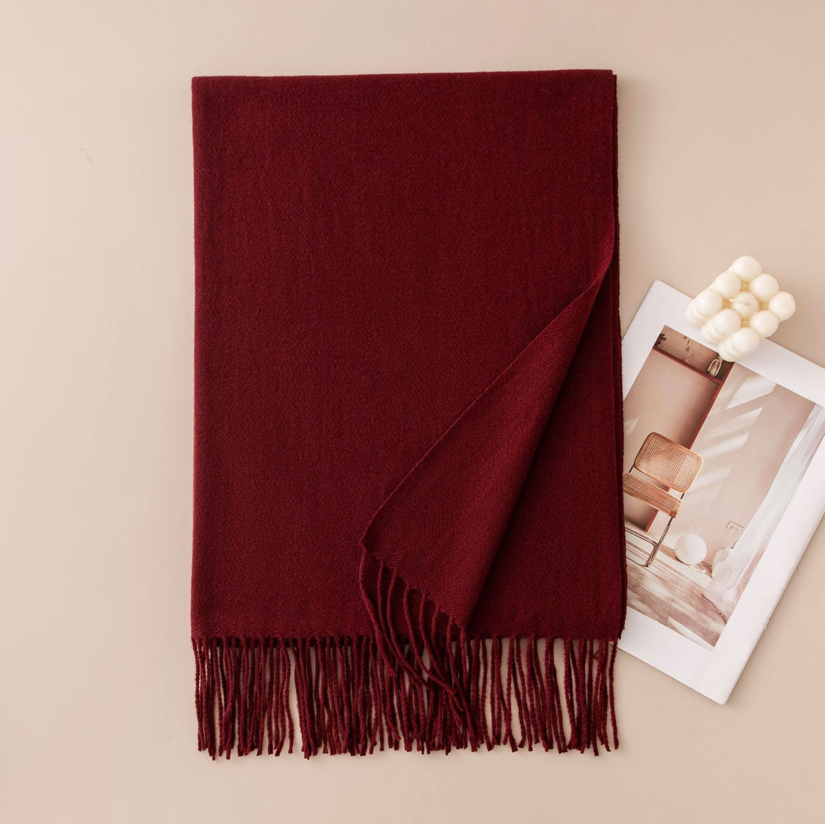 Soft Solid Fringe Trim Long Wrap Scarf - Brick_Red