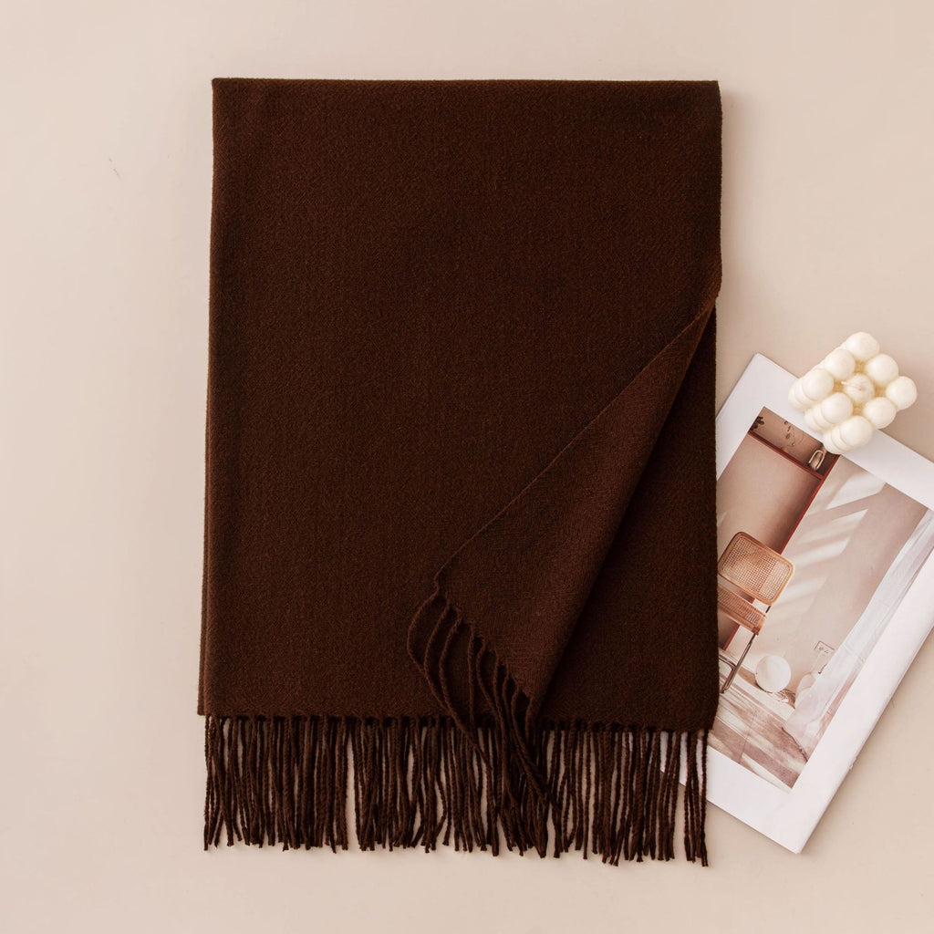 Soft Solid Fringe Trim Long Wrap Scarf - Brown