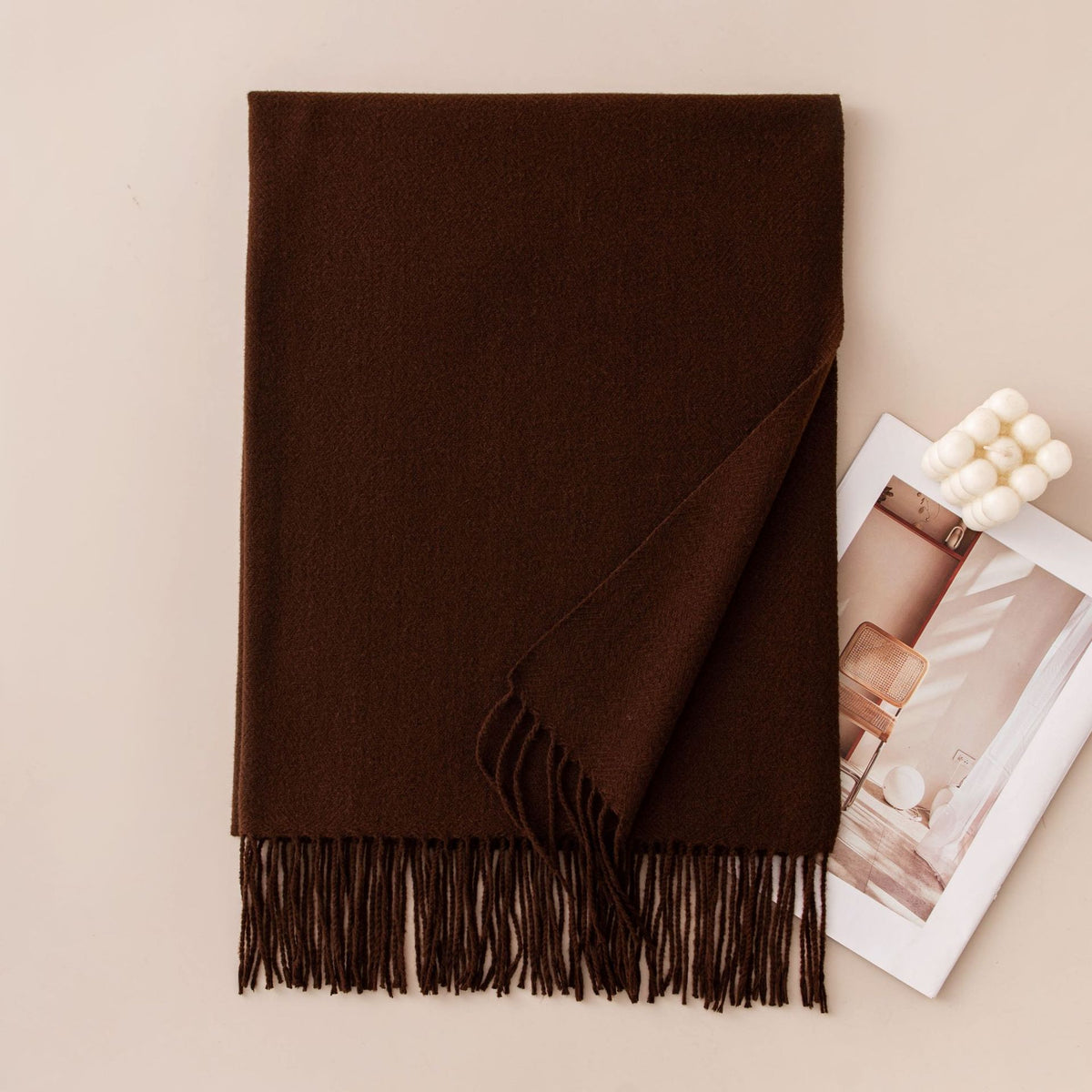 Soft Solid Fringe Trim Long Wrap Scarf - Brown