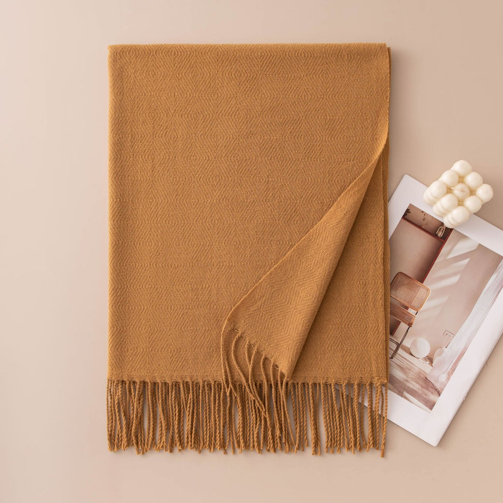 Soft Solid Fringe Trim Long Wrap Scarf - Camel