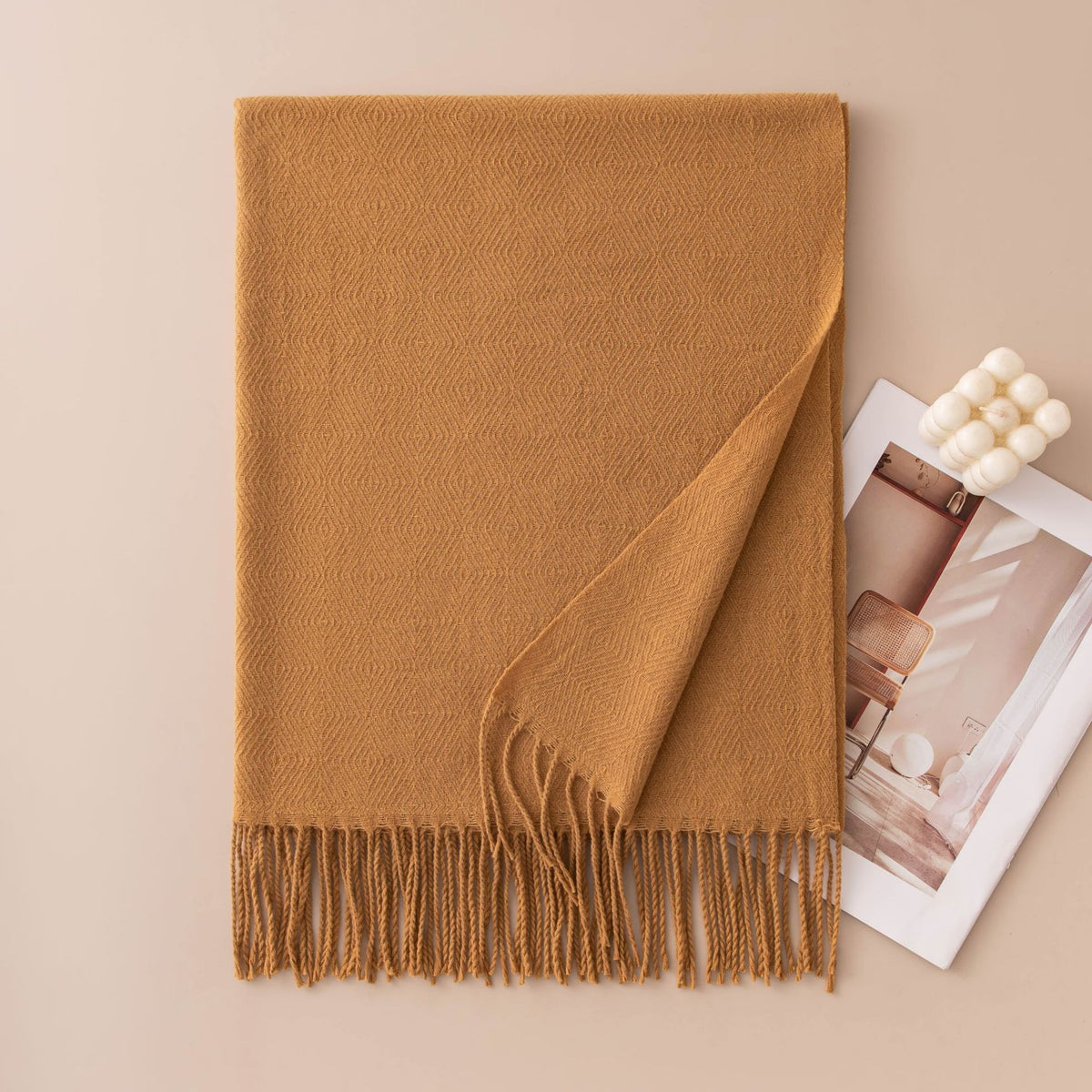 Soft Solid Fringe Trim Long Wrap Scarf - Camel